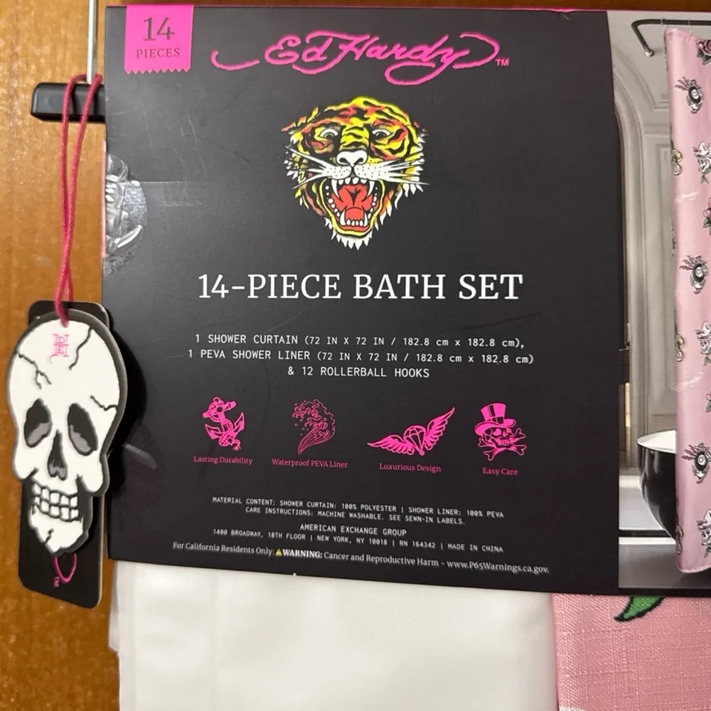 New Ed Hardy 8 Ball Jaguar Shower Curtain Set 14 Piece w/ Hooks & Liner Gothic